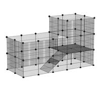 Recinto per Animali Modulabile e Multilivello 140x70x105 cm con 39 Pannelli in Acciaio e PP Nero