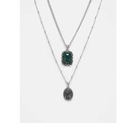 Reclaimed Vintage - Collana a catenina unisex a 2 fili argentata con ciondolo con pietra sintetica verde-Argento One Size