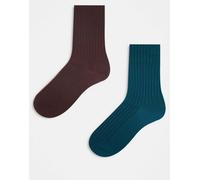 Reclaimed Vintage - Confezione da 2 paia di calzini alla caviglia marrone cioccolato e verde smeraldo a coste-Multicolore One Size