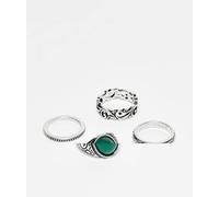 Reclaimed Vintage - Confezione da 4 anelli color argento unisex con pietra verde M/L
