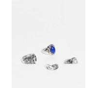 Reclaimed Vintage - Confezione da 4 anelli unisex stile grunge tonalità argento brunito con pietra sintetica blu XS/S