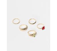 Reclaimed Vintage - Confezione da 5 anelli dorati con pietre sintetiche-Oro M/L