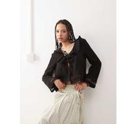 Reclaimed Vintage - Top bohémien con maniche a campana e volant sul collo-Nero L