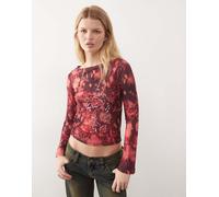 Reclaimed Vintage - Top con maniche svasate e scollo a barchetta rosa con motivo floreale con decorazioni S