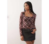 Reclaimed Vintage - Top in rete a maniche lunghe con spacchetto frontale e scollo squadrato rosa e bordeaux a quadri-Rosso S