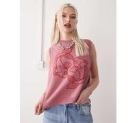 Reclaimed Vintage - Top senza maniche in maglia rosa con stampa di pesci S