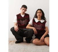 Reclaimed Vintage x Stranger Things - Maglione senza maniche unisex soffice rosso e nero a righe con logo ricamato-Multicolore 2XL