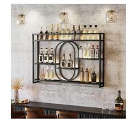 REcsdza mensole da parete, Portabottiglie da parete con luce LED portabicchieri appendere bar cantina cucina(Black,140x15x80cm)