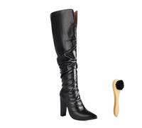 Recuriey Stivali Alti da Donna, Punta Affusolata con Pieghe, Tacco Largo 11 cm, Alti Fino al Ginocchio.,Nero,35 EU