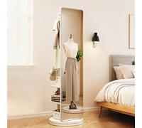 RED AS FIRE Specchio a Figura Intera Girevole 360° in Legno Massello con appendiabiti & 3 strati stoccaggio Rack, Moderno Specchio lungo grande da terra verticale con rotante Base