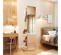 RED AS FIRE Specchio a Figura Intera Girevole 360° in Legno Massello con Appendiabiti & 3 Strati stoccaggio Rack, Moderno Specchio Lungo Grande da Terra Verticale con Rotante Base