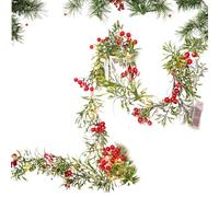 Red Berry Garland LED Holiday Lamp Artificial Pine Decoration | Red Berry String Lights per Home Party Table Indoor Outdoor Scale Portico Mantello Camino Fattoria