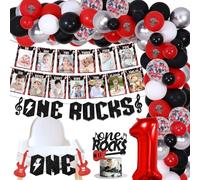 Red Black One Rocks 1° compleanno, Rock and Roll First Bday Balloon Garland Arch Kit, Born to Rock Photo Display Seggiolone, Torta a tema musicale 1 ° compleanno topper forniture per feste