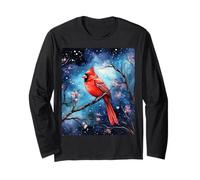Red Cardinal Bird Blue Starry Night Pink Floral Sky Flower Maglia a Manica