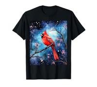 Red Cardinal Bird Blue Starry Night Pink Floral Sky Flower Maglietta