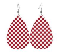 (Red Checkered White Squares) Orecchini In Pelle Divertenti Pendenti Moda Orecchini Per Feste Decorazioni