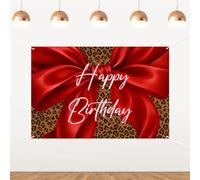 Red Cheetah Print Happy Birthday Backdrop, Red Bow Leopard Print Sfondo Banner Coquette Let's Get Wild Sfondo fotografico per ragazze donne forniture per feste di compleanno 1,5 x 0,9 m
