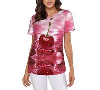 Red Cherries - Maglietta estiva da donna a maniche corte, comoda, elastica, girocollo, estiva, Nero , XXL