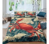 Red crab artcopripiumino ultra microfibra 2 Pezzi stampa di 3D con cerniera Japanese wave style Set Di Copripiumino con federe per cuscini traspirante morbido e comodo for adulti Single（135x200cm）