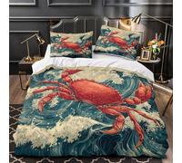 Red Crab Set Di Copripiumino morbida microfibra 3 Pezzi stampa di 3D con federa Japanese Wave Set Di Copripiumino con federa per cuscini traspirante ultra morbido for adulti Single（140x200cm）
