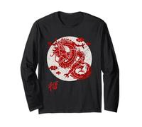 Red Dragon White Rising Sun Chinese Strength Symbol Maglia a Manica