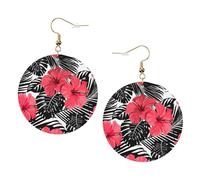 Red Hibiscus Stampa Piercing Rotondo Orecchini In Pelle Set 1 Paio di Eleganti Orecchini In Pelle Penzolare Cerchio Per Le Donne Gioielli Regali, One Size, Poliestere