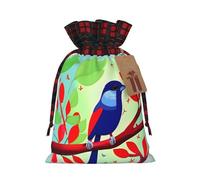 Red Leaf Bird sacchetto di iuta con coulisse con tessuto scozzese e etichetta in carta kraft, borsa leggera e resistente
