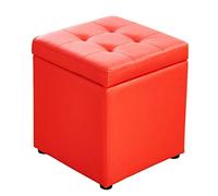 Red Leather Upholstered Cube Pouf Ottoman Footstool with Solid Wood Square Living Room Coffee Table Bench 16x16x14inch