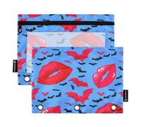 Red Lips Black Bats Blue 2Pack Book Binder Pouch per la scuola dei bambini, tasca frontale trasparente per ragazzi ragazze, 24,9 cm × 17,8 cm (taglia unica x 2)