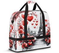 Red Love Heart Paris Torre Eiffel Borsone da viaggio per donne e uomini, borsa da palestra pieghevole per lo sport, weekend, pernottamento, borsa da cabina con scomparto per scarpe, Multicolore