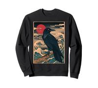 Red Moon Raven - Grafica Vintage in Stile Giapponese con Corvo Nero Felpa