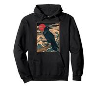 Red Moon Raven - Grafica Vintage in Stile Giapponese con Corvo Nero Felpa con Cappuccio