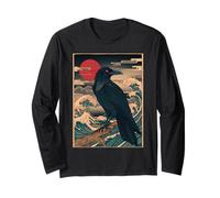 Red Moon Raven - Grafica Vintage in Stile Giapponese con Corvo Nero Maglia a Manica