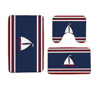 Red Navy Blue Stripe Nautical Sailboat Abstract Geometric Modern Simple Contemporary Ocean Beach Set Di Tappeti Da Bagno 3 Pezzi, Zerbino Antipolvere Tappeto Con Profilo A U Per Doccia