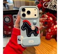 Red Pony Phone Case with a Mirror Stand for iPhone 17 Pro Max, Full-coverage Soft Rubber Shockproof Red Pony Embroidered Phone Case (Blue with Tags,16promax)