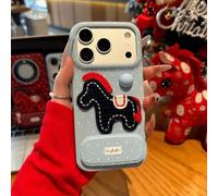 Red Pony Phone Case with a Mirror Stand for iPhone 17 Pro Max, Full-coverage Soft Rubber Shockproof Red Pony Embroidered Phone Case (Blue,14promax)