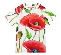 Red Poppy Flowers Watercolor Kid Swim Shirt Ragazzi Manica Corta Rash Guard Swim Top Bambini Adolescenti Costumi da bagno Rashguard, Acquerello di fiori di papavero, 5-6 Anni
