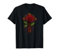 Red Rose Cross Magical Dripping Faith Believe God Bella Rosa Maglietta