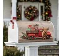 Red Truck - Coperture magnetiche per cassetta postale, motivo natalizio rustico, con mucca delle Highland e regali natalizi rossi, decorazione per prato, 53 x 65,5 cm