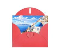 Red WHJSHOP Santorini Greek Island - Biglietto di auguri con stampa panoramica sul mare, carta perlescente di alta qualità su entrambi i lati, effetto perlato, busta in carta perlata