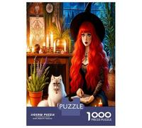 Red Witch Cat 1000 Pezzi Puzzle Gothic Occult Charm Puzzle Premium Cartone Extra Spesso - Preferito Dai Collezionisti, Relax Mentale, Pause Ufficio, Viaggio E Regali Festivi 52x38cm/1000pcs