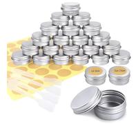 Redamancy 24 Pezzi Argento Lattina Alluminio, Barattoli Metallo, Contenitori Cosmetici con copri di Vite e etichette e Mini Spatola, per Candele Cosmetico Caramella Gadget Balsamo Labbra(5 ml)