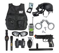 RedCrab Costume Polizia Bambino con Elmetto, Gilet, Manette, Walkie Talkie, Telescopi e altri Accessori, Gioco di Ruolo da Set Poliziotto per Bambini Ragazzi Carnevale Halloween