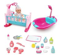 RedCrab Set Gioco di Accessori per Bambole, 2in1 Letto per Bambole e Bagno Con Doccia Funzionale, 24Pcs Bambola Bebè Set con Letto in Miniatura,Bagno,Accessori per La Toelettatura e L'alimentazione