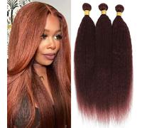 Reddish Brown Kinky Straight Bundles Human Hair Copper Red Bundles Color 33 Auburn Yaki Human Hair Bundles Double Weft Wet and Wavy Bundles Silky and Soft for Black Women 26 28 30 Inch
