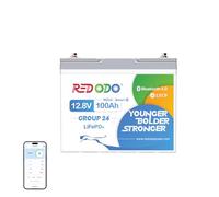 Redodo 12V 100Ah Group24 Batteria LiFePO4 con Bluetooth 1280Wh Batteria Litio con Basse Temperature BMS 100A 4000-15000 Cicli Profondi Leggera e Portatile per Camper Barca e Sistema Solare Off-grid