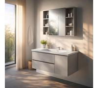 REDÒKASA Mobile Bagno Sospeso 100 cm ALTEA in alluminio, 2 cassetti e 1 anta, specchio contenitore a 1 anta, lavabo in ceramica (Cipria)