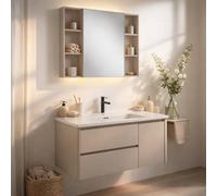 REDÒKASA Mobile Bagno Sospeso 100 cm GENZIANA in alluminio, con 2 cassetti e 1 anta, specchio contenitore a 1 anta, lavabo in ceramica (Cipria)