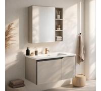 REDÒKASA Mobile Bagno Sospeso 80 cm Camelia in alluminio, con 2 ante, specchio contenitore a 1 anta e lavabo in ceramica (Beige)