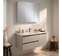 REDÒKASA Mobile Bagno Sospeso100 cm PEONIA in alluminio con 2 cassetti, specchio contenitore a 2 ante, lavabo in ceramica (L 100 x P 47,5 x H 48)